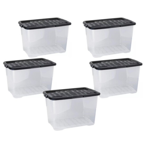 Strata 5 x 65 Litres Curve Plastic Stackable Storage Box & Lid Clear/Black Lid